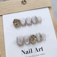 Glass Beads Cat's Eye Diamond Handmade press on Nails / 10Pcs Squoval Nails