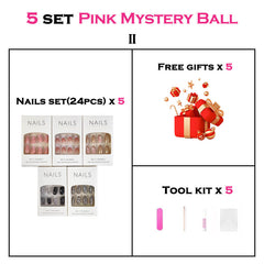 【CHRISTMAS-PINK MYSTERY BALL】 Nails & Jewelry 1 Nail Set With 24pcs Christmas Press On Nails/All Size