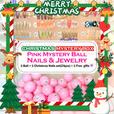【CHRISTMAS-PINK MYSTERY BALL】 Nails & Jewelry 1 Nail Set With 24pcs Christmas Press On Nails/All Size
