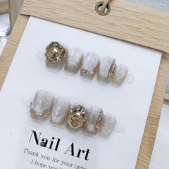 Glass Beads Cat's Eye Diamond Handmade press on Nails / 10Pcs Squoval Nails