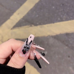 Black Pink Bunny(Handmade Custom Nails)/10Pcs Coffin Nails