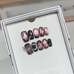 Starry Sky Butterfly Cat Eye Handmade press on Nails / 10Pcs Squoval Nails