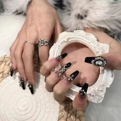 Black Baroque Handmade Press on Nails 10Pcs Long Ballerina Nails