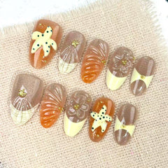 Cream French Smudged Cat Eye Press on Nails 10Pcs Short Almond Nails