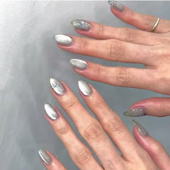 Cat Eye Gray Bow Press on Nails 24Pcs Short Almond Nails