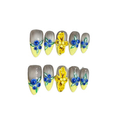 3D Blueberry Yellow Flower(Handmade press on nails)/10Pcs Almond Nails
