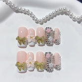 Carved Diamond Bow(Handmade press on nails)/10Pcs Ballerina Nails
