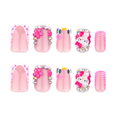 French Kitty Heart Press on Nails 24Pcs Short Squoval Nails