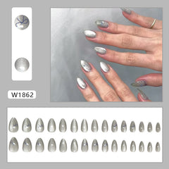 Cat Eye Gray Bow Press on Nails 24Pcs Short Almond Nails