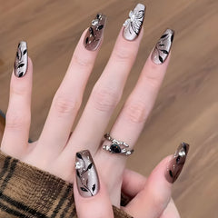 Ink Butterfly Cat Eye Press on Nails 24Pcs Medium Coffin Nails