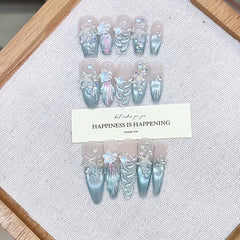 Sea World Cat Eye(Handmade press on nails)/10Pcs Stiletto Nails