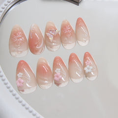 Butterfly 3D flower Pink Press on Nails 24Pcs Short Almond Nails