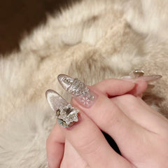 Snowflake Cat Eye Bow Handmade press on Nails / 10Pcs Stiletto Nails