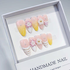 Gradient Three-dimensional Carved(Handmade press on nails)/10Pcs Almond Nails