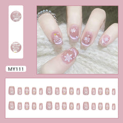 Cat Eye Snowflake Christmas Press on Nails 24Pcs Medium Squoval Nails