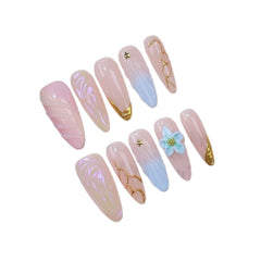 3D Flower Summer Ocean Handmade press on Nails / 10Pcs Almond Nails