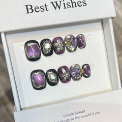 Obsidian Star Eclipse Handmade press on Nails / 10Pcs Squoval Nails