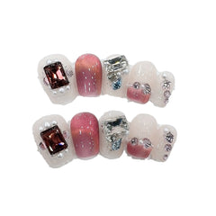 Cat's Eye Pearl Diamond Handmade press on Nails / 10Pcs Squoval Nails