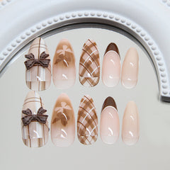 Plaid French Bow Press on Nails 24Pcs Medium Almond Nails
