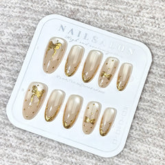 Gold Polka Dot Bow Cat Eye(Handmade press on nails)/10Pcs Almond Nails