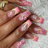 French Blush 3D Flowers Press on Nails 24Pcs Medium Squoval Nails