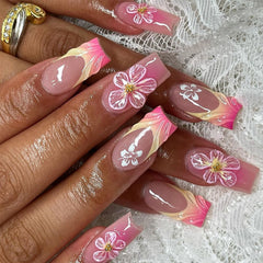 French Blush 3D Flowers Press on Nails 24Pcs Medium Squoval Nails