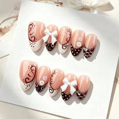 Lace Lolita Bow Presson on Nails 10Pcs Medium Almond Nails