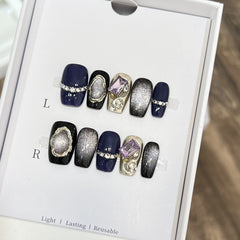 Dark Star Pupil Cat Eye Handmade press on Nails / 10Pcs Squoval Nails