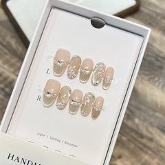 French Flowers Cat Eye Handmade press on Nails / 10Pcs Oval Nails