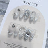 Ice-Clear Diamond Cat Eye Handmade press on Nails / 10Pcs Almond Nails