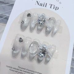 Ice-Clear Diamond Cat Eye Handmade press on Nails / 10Pcs Almond Nails