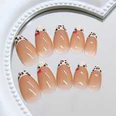 French Leopard Print Kitty Presson on Nails 24Pcs Medium Almond Nails