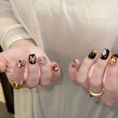 Black Gold 3D Flower(Handmade press on nails)/10Pcs Square Nails
