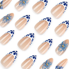 Blue & White 3D Flower Presson on Nails 24Pcs Medium Almond Nails