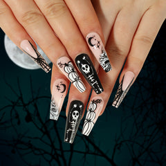 Spider Web Pumpkin Press on Nails 24Pcs Long Ballerina Nails