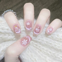 Cat Eye Snowflake Christmas Press on Nails 24Pcs Medium Squoval Nails