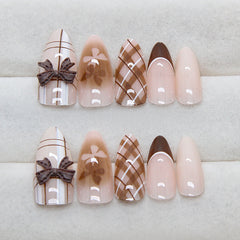 Plaid French Bow Press on Nails 24Pcs Medium Almond Nails