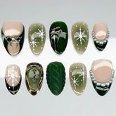 Green Cat Eye Christmas Presson on Nails 10Pcs Medium Almond Nails