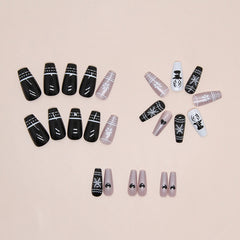 Snowflake Elk Black White Press on Nails 24Pcs Long Ballerina Nails
