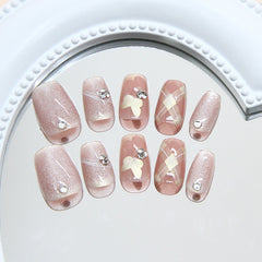 Plaid Golden Butterfly Cat Eye(Handmade press on nails)/10Pcs Squoval Nails