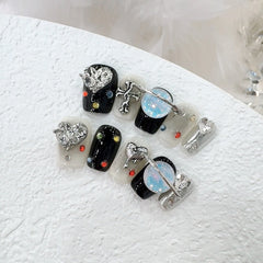 Black & White Love Planet Handmade press on Nails / 10Pcs Squoval Nails