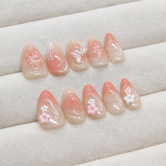 Butterfly 3D flower Pink Press on Nails 24Pcs Short Almond Nails