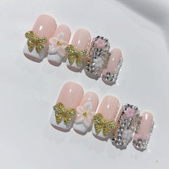 Carved Diamond Bow(Handmade press on nails)/10Pcs Ballerina Nails