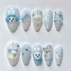 Christmas Snowflake Bunny(Handmade press on nails)/10Pcs Almond Nails