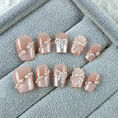 Bow Crystal Flower(Handmade press on nails)/10Pcs Square Nails