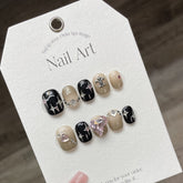 Gradient Black & White Star Diamond Handmade press on Nails / 10Pcs Squoval Nails
