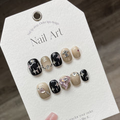 Gradient Black & White Star Diamond Handmade press on Nails / 10Pcs Squoval Nails