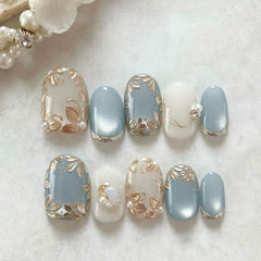 Ice Gold Flowers Cat Eye(Handmade press on nails)/10Pcs Squoval Nails