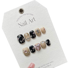Gradient Black & White Star Diamond Handmade press on Nails / 10Pcs Squoval Nails