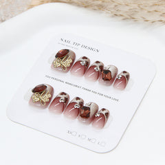 Diamond Bow Cat Eye Leopard Print(Handmade press on nails)/10Pcs Squoval Nails